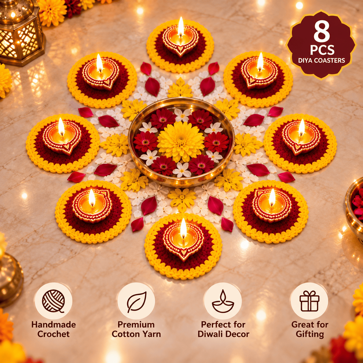 Diwali Rangoli with Glowing Diyas and Coaster